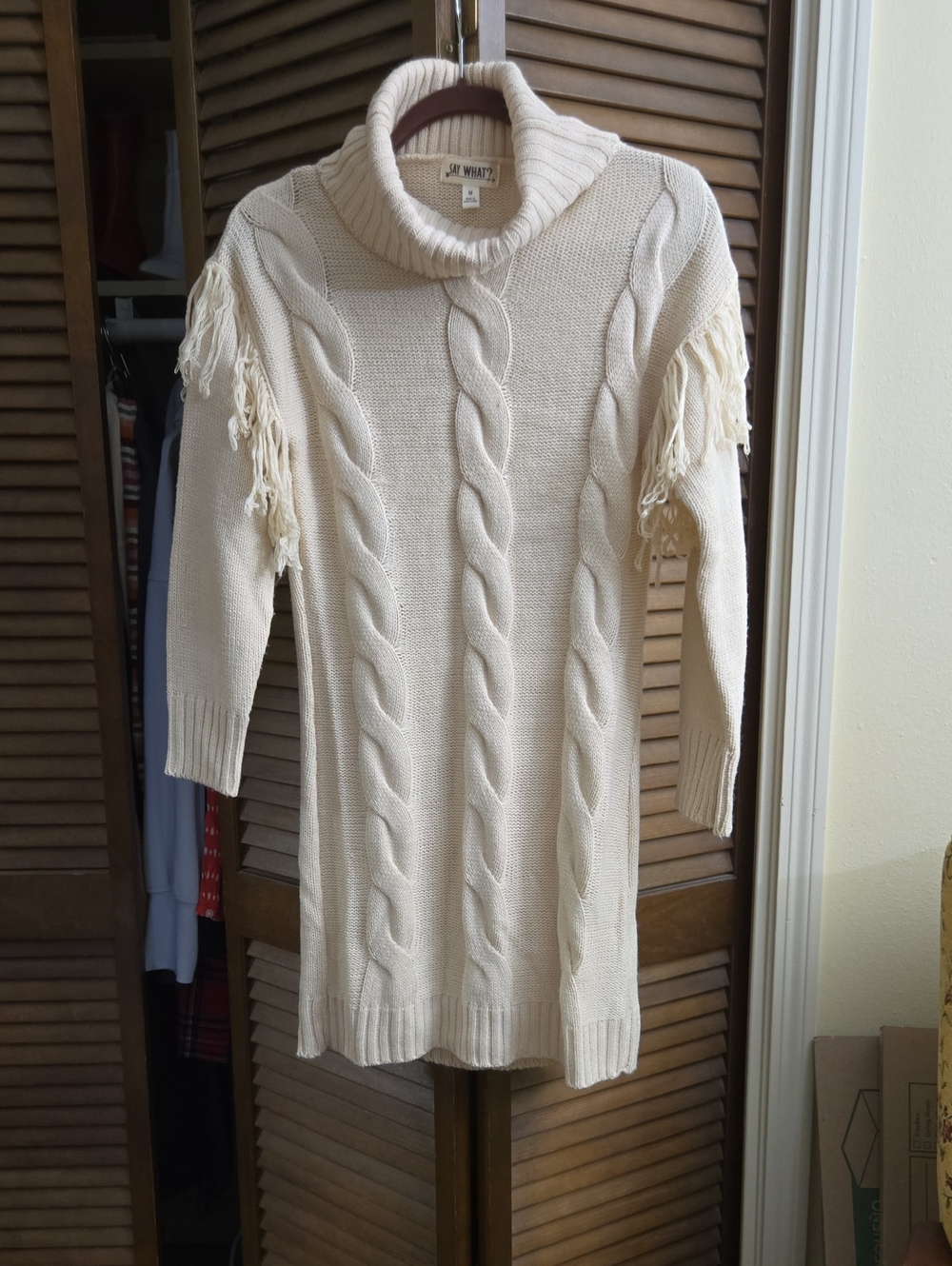 Say What? Cable Knit Turtleneck Sweater Dress with Fringe